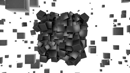 Poster - 3D rendering of many cubes in space, the cubes scatter after the explosion and are randomly arranged in space. The idea of the big Bang and the digital revolution, technology.