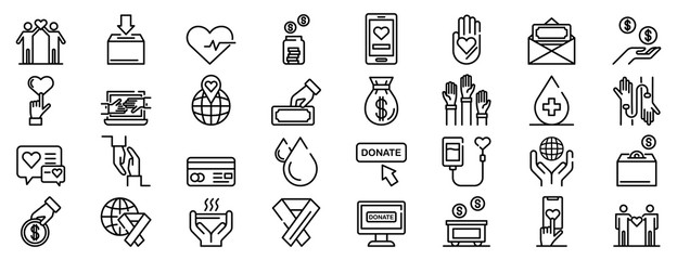 Poster - Donations icons set. Outline set of donations vector icons for web design isolated on white background