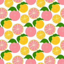 Seamless Pattern Orange Fruit On A White Background. Orange Whole, Slice, Half Cut Orange.