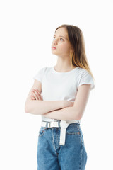 Wall Mural - upset and offended teenage girl with crossed arms looking away isolated on white