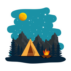 Sticker - camping zone with tent and campfire at night scene