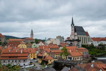 Wall Mural - Panoramic landscape view of the historic city of Cesky Krumlov with famous Church city is on a UNESCO World Heritage Site captured during spring with nice sky and clouds