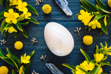 Poster - Pink Stone Egg with Blue Kyanite and Flowering Yellow Trumpet Vine on Blue Stained Wood