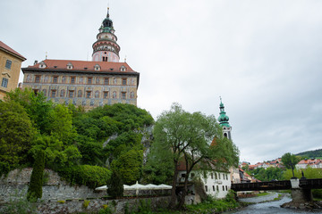 Wall Mural - Panoramic landscape view of the historic city of Cesky Krumlov during day time with famous Cesky Krumlov Castle, Church city is on a UNESCO World Heritage Site captured during spring