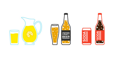 Set of drinks. Lemonade, bber and soda in a glass bottle and metal can. Isolated vector illustartion.