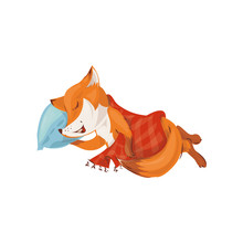 Cute Colorful Red Fox Sleeping At Soft Pillow