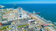 AERIAL VIEW OF ATLANTIC CITY BOARDWALK AND STEEL PIER. NEW JERSEY. USA.