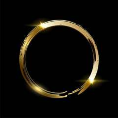 Poster - golden frame made on brush stroke ring isolated on black background. vector design element.