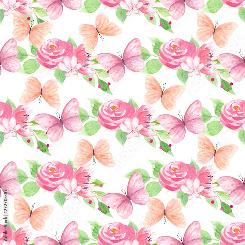 Butterflies and spring blossom seamless pattern