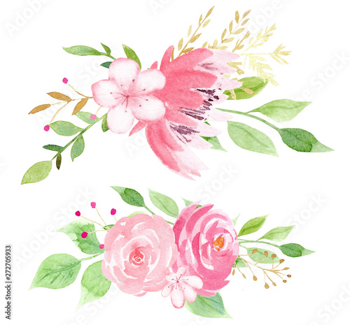 Pink blossom with leaves raster illustration