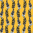 illustration watercolor seamless pattern of indigo leaves in the form of vertical stripes waves on a brown ocher yellow mustard background. for fabric, paper design