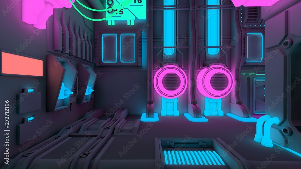 3D illustration of a industrial futuristic cityscape with glowing neon ...