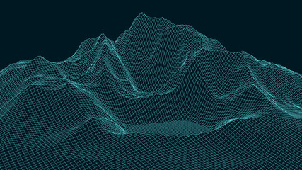 Fototapete - Vector wireframe 3d landscape. Technology grid illustration.