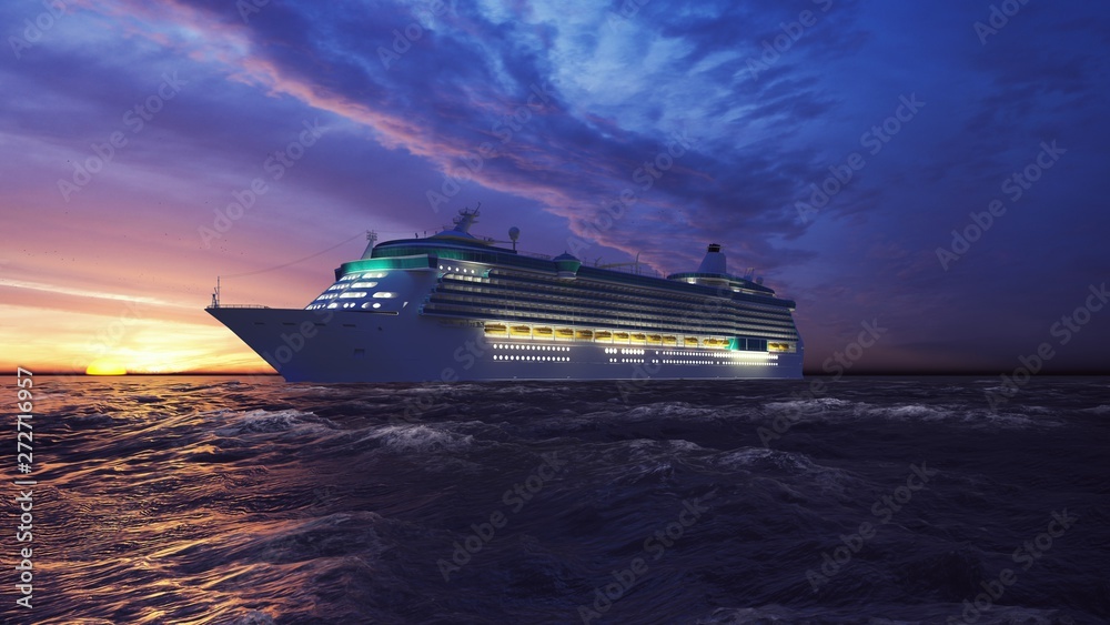 Luxury cruise ship sailing from the port at sunrise across the ocean. Beautiful summer background. 3D Rendering - obrazy, fototapety, plakaty 