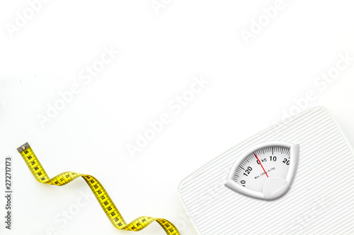Download Slim Concept With Scale And Measuring Tape On White Background Top View Mockup Stock Photo Adobe Stock