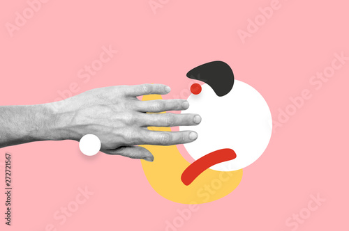 Plakat Man hand photo with abstract shapes fantasy illustration. Magazine collage style banner with space for text. Minimalistic trendy colors, flat design. Hands touching circle. Mixed styles, summer vibe