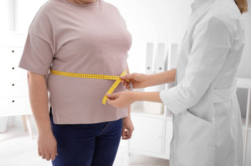 Wall Mural - Doctor measuring waist of overweight woman in clinic, closeup