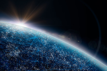 3d illustration. lines connecting the earth seen from outer space with bright solar light. concept o