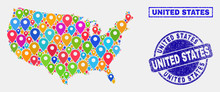 Vector Bright Mosaic United States Map And Grunge Watermarks. Abstract United States Map Is Designed From Scattered Bright Navigation Symbols. Watermarks Are Blue, With Rectangle And Round Shapes.