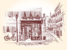 Street Cafe On The Corner Of An Old Building In A French City. Bicycle With A Bottle Of Wine And A Long Loaf And Billboard Menu Next To The Old Cafe. Vector Illustration In Vintage Style.