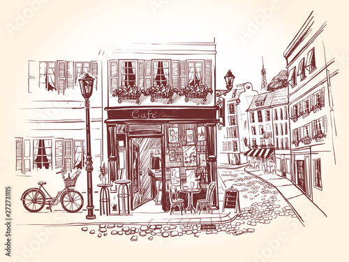 Dekoracja na wymiar  uliczna-kawiarnia-na-rogu-starego-budynku-we-francuskim-miescie-rower-z-butelka-wina