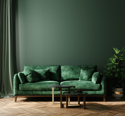 Home interior mock-up with green sofa, table and decor in living room, 3d render