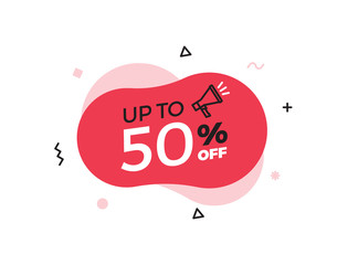 Aufkleber - Modern abstract vector banner with up to 50% offer special sale text. 50 percent price discount. Red shape graphic design element for advertising campaigns. Vector illustration with megaphone icon