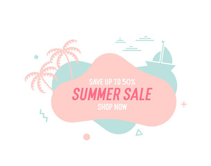 Aufkleber - Trendy colorful summer sale banner with palmtrees, boat and waves.. Vector geometric template liquid and wavy shapes with smooth colors. Modern abstract tropical and seasonal banner design