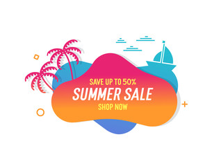 Aufkleber - Trendy colorful summer sale banner with palmtrees, boat and waves.. Vector geometric template liquid and wavy shapes with gradient colors. Modern abstract tropical and seasonal banner design