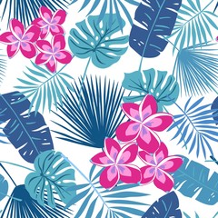 Tropical seamless repeat pattern with hot pink frangipani plumeria flowers and blue leaves