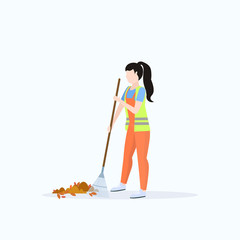 Wall Mural - Female street cleaner holding rake woman sweeping