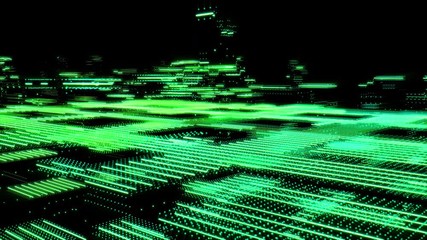 Poster - Digital Construction Dot Moving Flow Data Communication Technology Motion. Grid Line Scifi Structure Particle Form Flickering In Cyber Space Concept.