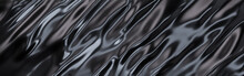 Black Oil Or Petrol Liquid Flow, Liquid Metal Close-up, Wide Horizontal Banner. 3d Illustration