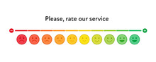 Vector Feedback Survey Template. Ten Scale Of Colorful Emotion Smiles From Angry To Happy With Color Slider On White Background. Emoticons Element Of UI Design For Client Service Rating.