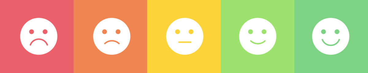 Vector flat horizontal mood feedback tracker. White cut out emoji with five emotions: dissatisfied, sad, indifferent, glad, satisfied. Element of UI design for estimating client service.
