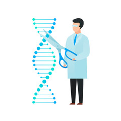 Wall Mural - trendy flat scientist character vector illustration. cartoon male cutting dna molecula with scissors
