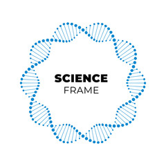 Vector science dna flat banner template. Blue atom spiral frame around text holder isolated on white background. Design for web, presentation, banner, poster.