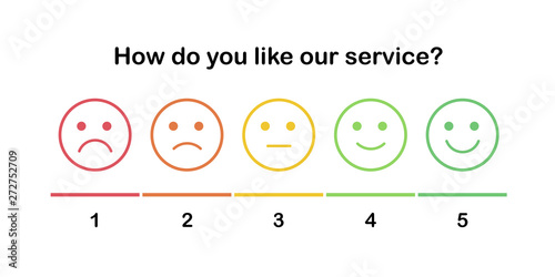 Element of UI design for client service rating. Set of the outline smiles with different emotions from sad to happy. Emoticons with five moods: disgruntled, angry, calm, excited, satisfied.