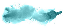 Abstract Watercolor Background Hand-drawn On Paper. Volumetric Smoke Elements. Blue-Green Color. For Design, Web, Card, Text, Decoration, Surfaces.