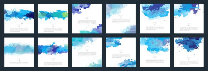 Wall Mural - Big set of bright blue vector watercolor background for poster, brochure or flyer