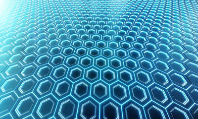 Glowing black and blue hexagons background pattern on silver metal surface 3D rendering