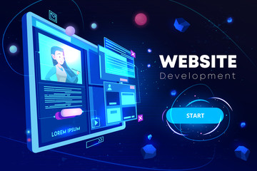 Fototapete - Website development banner, computer technology, monitor with open browser page and woman profile on screen, futuristic background in neon glowing colors. Cartoon vector illustration, landing page