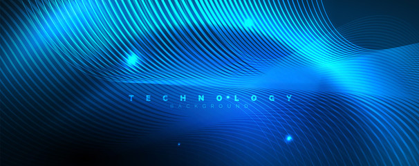 trendy neon blue abstract design with waves and circles. neon light glowing effect. abstract digital