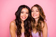© deagreez - Close up photo of cute stunning pretty nice ladies millennial have free time weekend summer feel rejoice candid dressed fashionable clothes trendy stylish isolated pink background