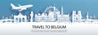 Travel advertising with travel to Belgium concept with panorama view of city skyline and world famous landmarks in paper cut style vector illustration.