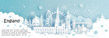 Panorama Postcard And Travel Poster Of World Famous Landmarks Of London, England In Winter Season With Falling Snow In Paper Cut Style Vector Illustration