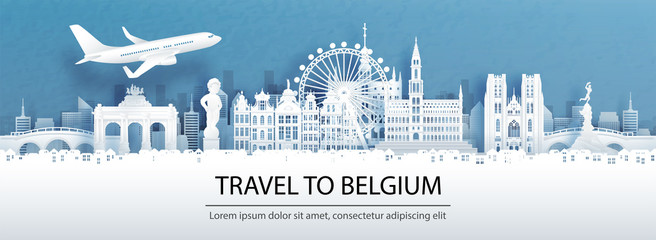 Fototapete - Travel advertising with travel to Belgium concept with panorama view of city skyline and world famous landmarks in paper cut style vector illustration.
