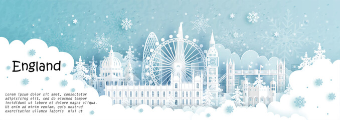 Fototapete - Panorama postcard and travel poster of world famous landmarks of London, England in winter season with falling snow in paper cut style vector illustration