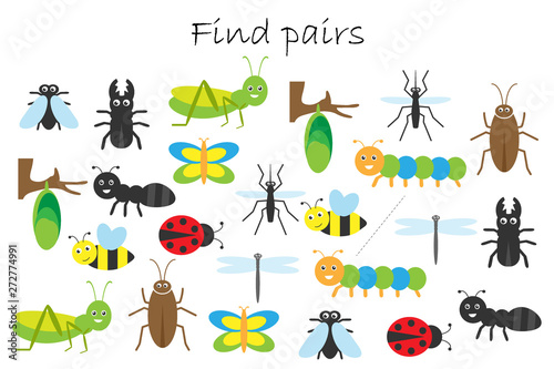 Find pairs of identical pictures, fun education game with insects theme for chil Poster Mural XXL