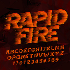 Poster - Rapid Fire alphabet font. Flame effect type letters and numbers. Abstract dark background. Stock vector typeface for your design.
